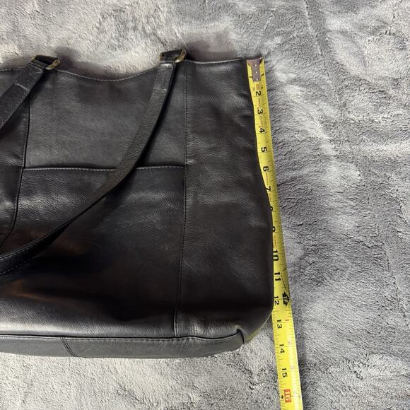 Black Leather Shoulder Bag Hobo Style Double Top Handle Purse Minimal Unbranded - Picture 10 of 13